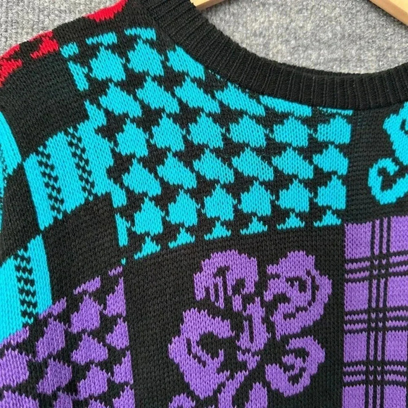 Vintage 80s Patchwork Sweater Womens M/L Colorful Relaxed Long Knit Pullover Top - Picture 8 of 15